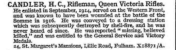 Candler H C Rfn 9th London Regiment