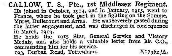 Callow T S Pte 1st Middlesex Regiment