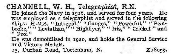 Channell W H Telegraphist HMS Intrepid Royal Navy
