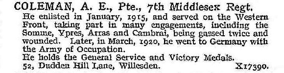 Coleman A E Pte 7th Middlesex Regiment