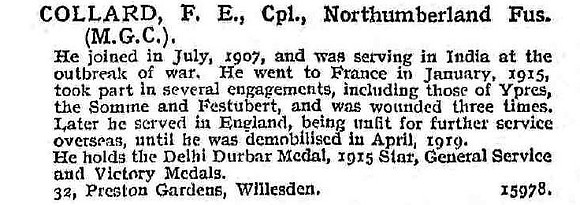 Collard F E Cpl Northumberland Fusiliers And Machine Gun Corps