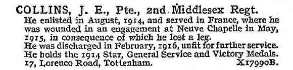 Collins J E Pte 2nd Middlesex Regiment