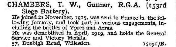 Chambers T W Gnr Royal Garrison Artillery