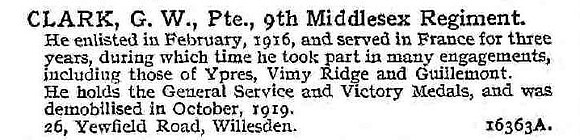 Clark G W Pte 9th Middlesex Regiment