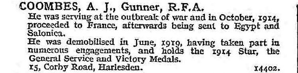 Coombes A J Gnr Royal Field Artillery