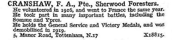 Cranshaw F A Pte Notts and Derby Regiment