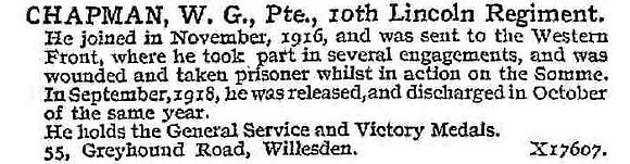 Chapman W G Pte 10th Lincolnshire Regiment