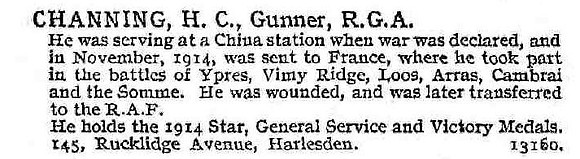Channing H C Gnr Royal Garrison Artillery