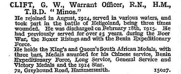 Clift G W Warrant Officer HM TBD Minos Royal Navy