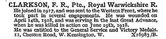 Clarkson F R Pte Royal Warwickshire Regiment