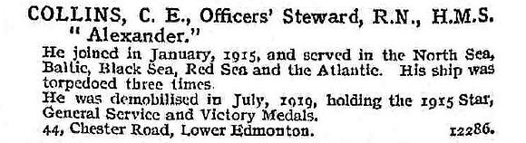 Collins C E Officers Steward HMS Alexander Royal Navy