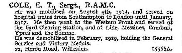Cole E T Sergt Royal Army Medical Corps