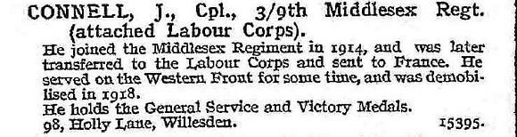 Connell J Cpl 9th Middlesex Regiment  And Labour Corps