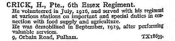 Crick H Pte 6th Essex Regiment