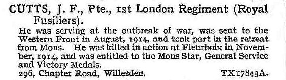 Cutts J F Pte 1st London Regiment