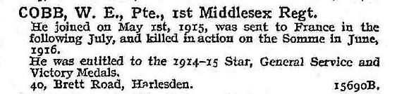 Cobb W E Pte 1st Middlesex Regiment