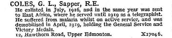 Coles G L Sapper Royal Engineers