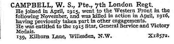 Campbell W S Pte 7th London Regiment