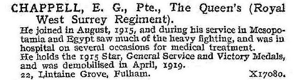 Chappell E G Pte Queens Royal West Surrey Regiment