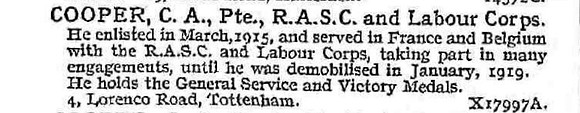 Cooper C A Pte Army Service Corps And Labour Corps