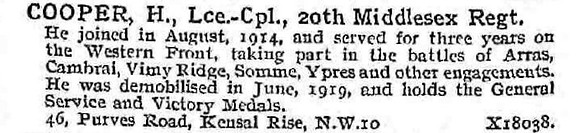 Cooper H L/Cpl 20th Middlesex Regiment