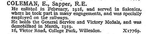 Coleman E Sapper Royal Engineers