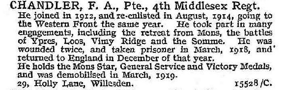 Chandler F A Pte 4th Middlesex Regiment