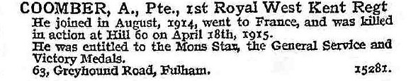 Coomber A Pte 1st Queen's Own Royal West Kent Regiment