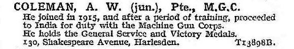 Coleman A W Pte Machine Gun Corps