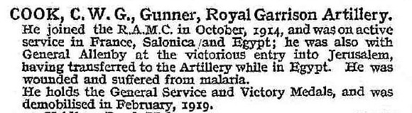 Cook C W G Gnr Royal Garrison Artillery