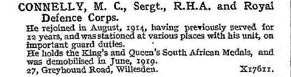 Connelly M C Sergt Royal Horse Artillery And Royal Defence Corps