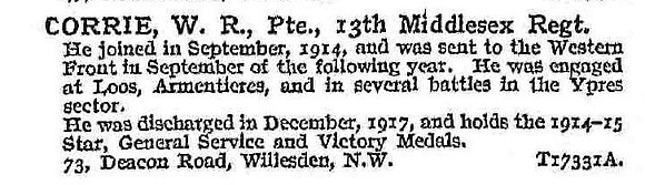 Corrie W R Pte 13th Middlesex Regiment