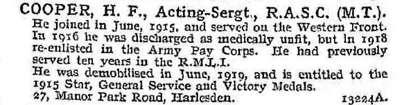 Cooper H F Acting Sergt Army Service Corps