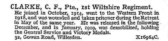 Clarke C F Pte 1st Wiltshire Regiment
