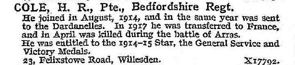 Cole H R Pte Bedfordshire Regiment