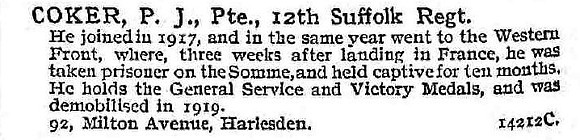 Coker P J Pte 12th Suffolk Regiment