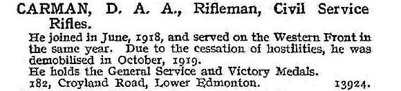 Carman D A A Rfn 15th London Regiment