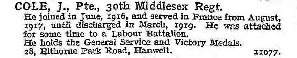 Cole J Pte 30th Middlesex Regiment
