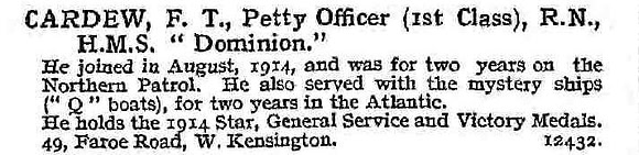 Cardew F T Petty Officer 1st Class HMS Dominion Royal Navy