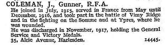 Coleman J Gnr Royal Field Artillery