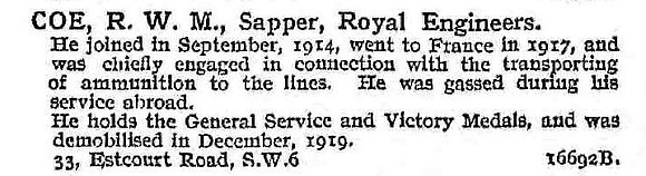 Coe R W M Sapper Royal Engineers