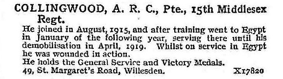 Collingwood A R C Pte 15th Middlesex Regiment