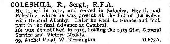 Coleshill R Sergt Royal Field Artillery