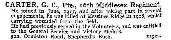 Carter G C Pte 16th Middlesex Regiment