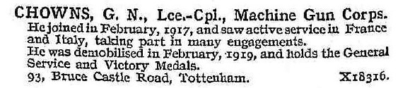 Chowns G N L/Cpl Machine Gun Corps