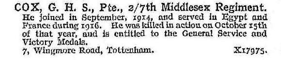 Cox G H S Pte 7th Middlesex Regiment