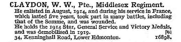 Claydon W W Pte Middlesex Regiment
