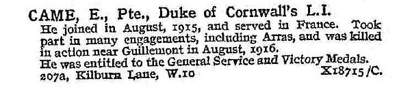 Came E Pte Duke Of Cornwalls Light Infantry