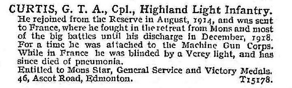 Curtis G T A Cpl Highland Light Infantry