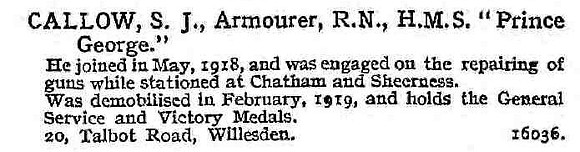 Callow S J Armourer HMS Prince George Royal Navy